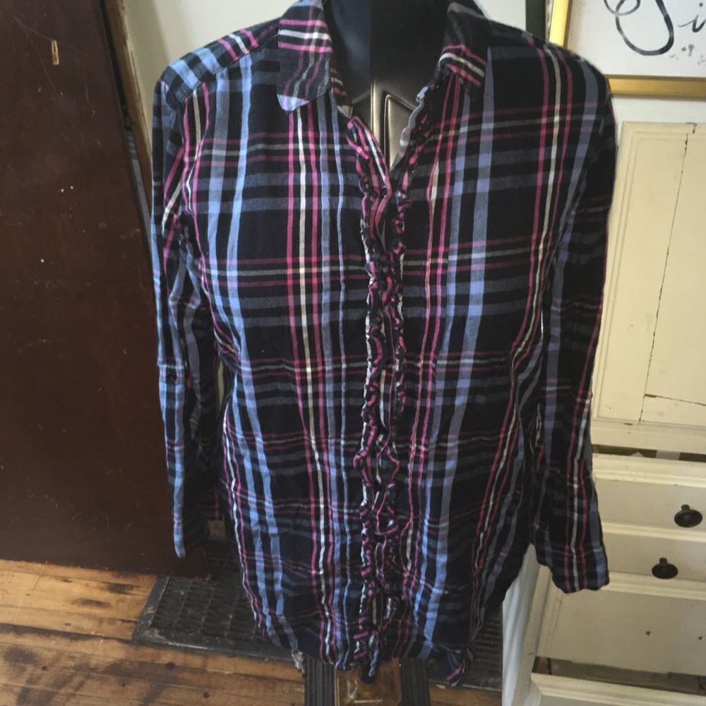 Betsy Johnson Intimates tuxedo ruffle front plaid nightshirt